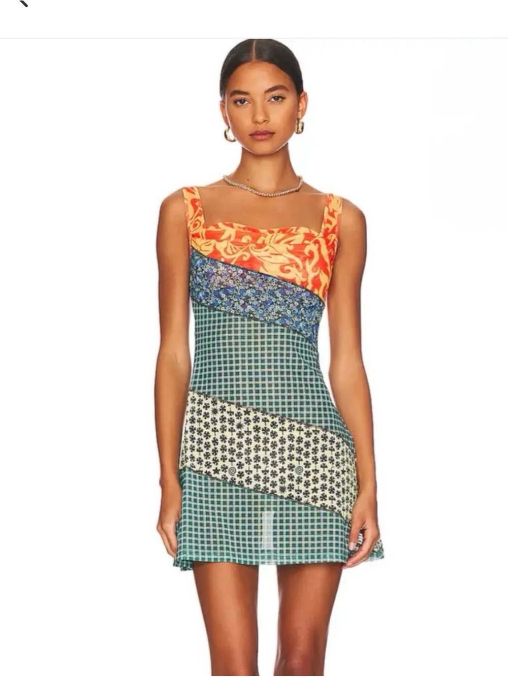 Miaou Orange & Blue & Green Patchwork Slip Mini Dress, Size Small